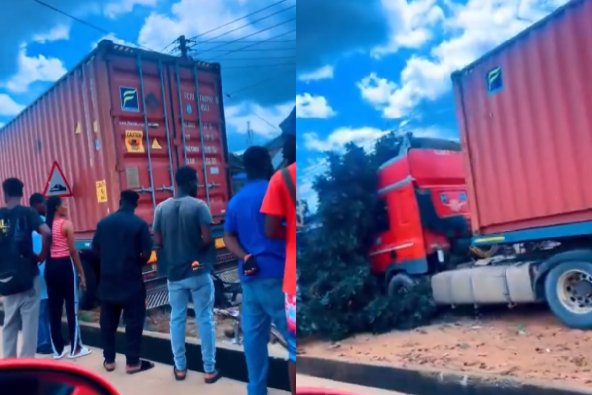 Scene of truck accident at Kumasi-Breman where a young woman was killed after a runaway truck crashed into a shop