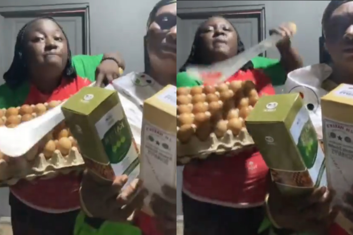 Former NDC executive in Boffourkrom displays eggs, schnapps, and machete in protest over school feeding contract