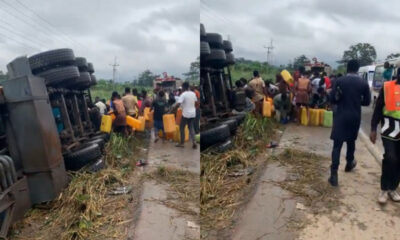 Crowd in Anyinam scooping fuel from overturned tanker despite police presence.