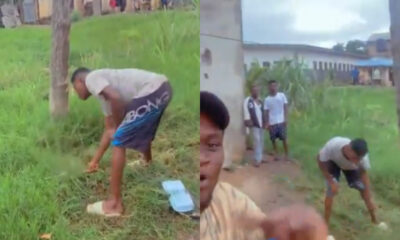 Suspected thief in Nsawam clearing land as punishment for stealing.