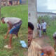 Suspected thief in Nsawam clearing land as punishment for stealing.