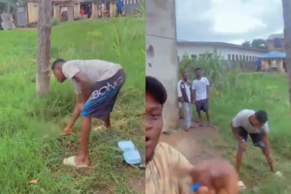 Suspected thief in Nsawam clearing land as punishment for stealing.