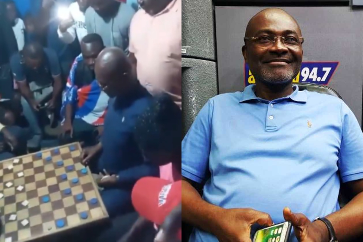 Kennedy Agyapong playing draughts with a local opponent in Ablekuma North as supporters cheer during a campaign visit for Nana Akua Owusu Afriyie.