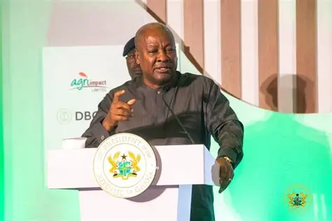 President John Mahama addresses AU delegates on reparative justice in Accra.
