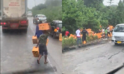 Crates of Guinness spilled on the road near Nkawkaw after truck accident