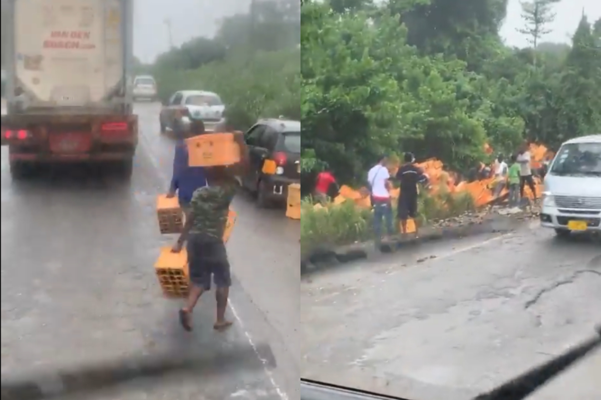 Crates of Guinness spilled on the road near Nkawkaw after truck accident