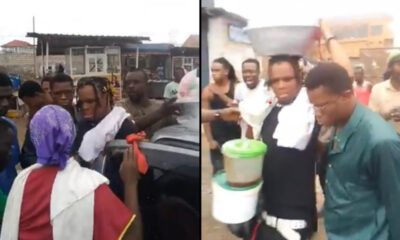A man paraded by residents carrying waakye, shito, and stew on his head after being accused of theft in a local community.