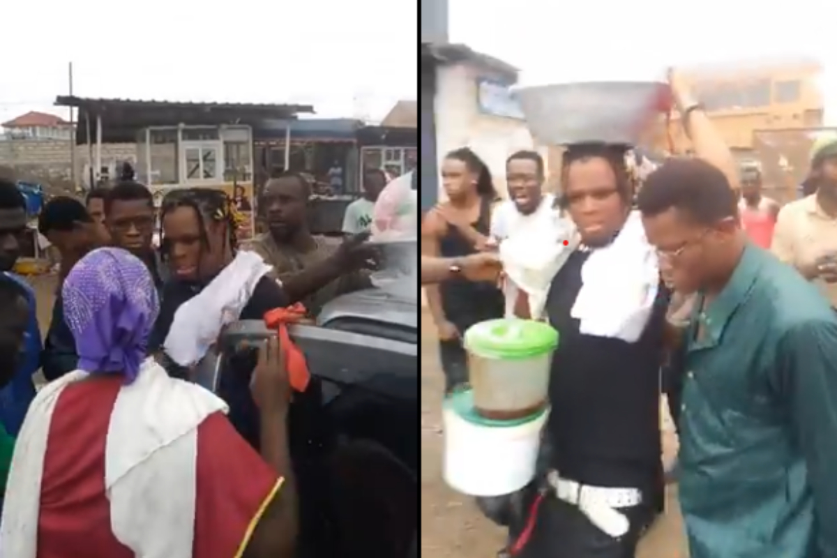 A man paraded by residents carrying waakye, shito, and stew on his head after being accused of theft in a local community.