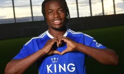 Ghanaian forward Abdul Fatawu Issahaku in action for Leicester City during a Premier League match, linked with a potential transfer move to Everton.