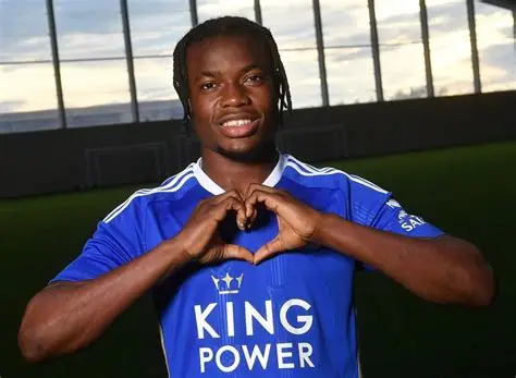 Ghanaian forward Abdul Fatawu Issahaku in action for Leicester City during a Premier League match, linked with a potential transfer move to Everton.
