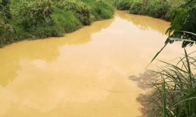 Environmental groups and community members protest illegal diversion of the Birim River at Apapam.