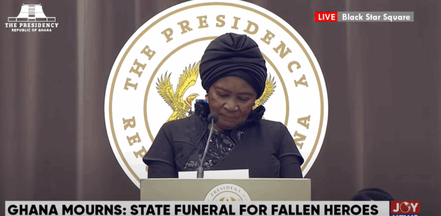 Vice President Naana Jane Opoku-Agyemang delivers tribute at state burial for helicopter crash victims in Accra.