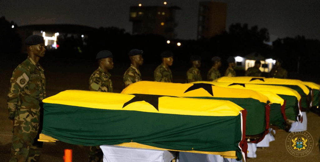 Coffins of helicopter crash victims arrive in Accra for burial