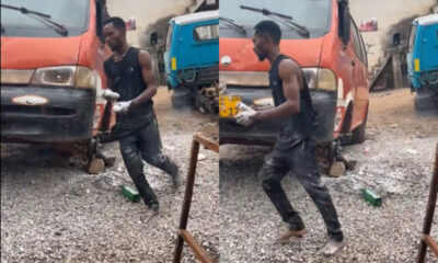 A man angrily walks around his car at a fitting shop, invoking curses after discovering one of his vehicle’s tyres was stolen.