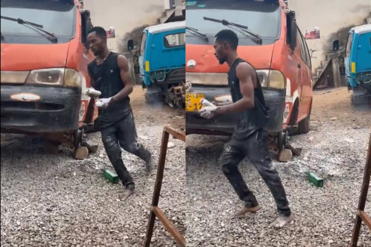 A man angrily walks around his car at a fitting shop, invoking curses after discovering one of his vehicle’s tyres was stolen.
