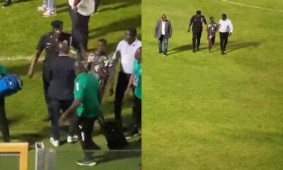 Security officers stopping a pitch invader at a football stadium.