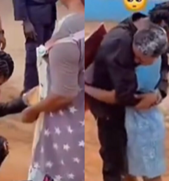 Young man kneels to propose to SHS girl in uniform after WASSCE as crowd cheers.