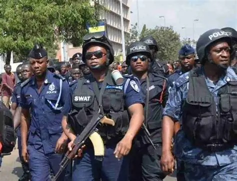 ✅ Alt text for images: “Police officers on patrol in Sampa after chieftaincy clashes.