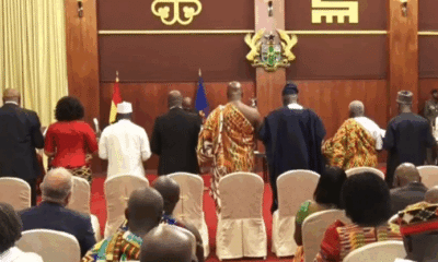 President John Dramani Mahama swearing in newly appointed Ghanaian Ambassadors and High Commissioners at the Jubilee House.