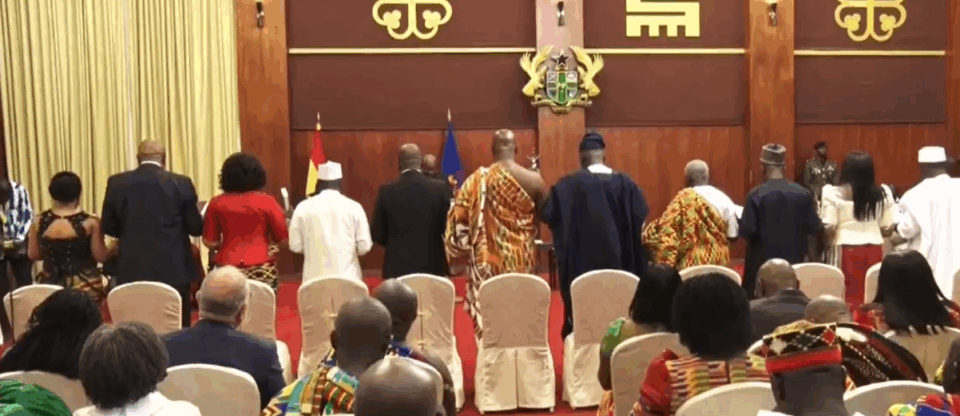 President John Dramani Mahama swearing in newly appointed Ghanaian Ambassadors and High Commissioners at the Jubilee House.