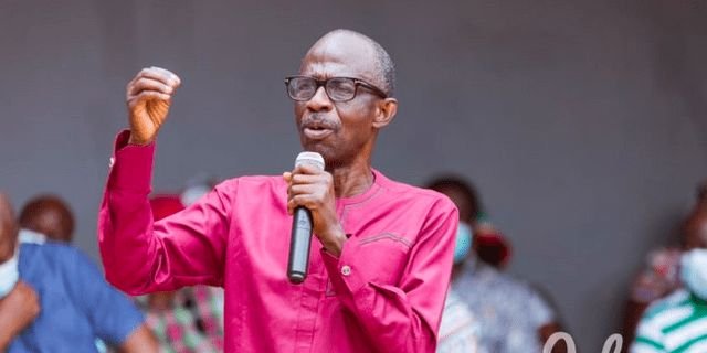NDC Chairman Johnson Asiedu Nketia addressing party supporters during his thank-you tour in Hohoe