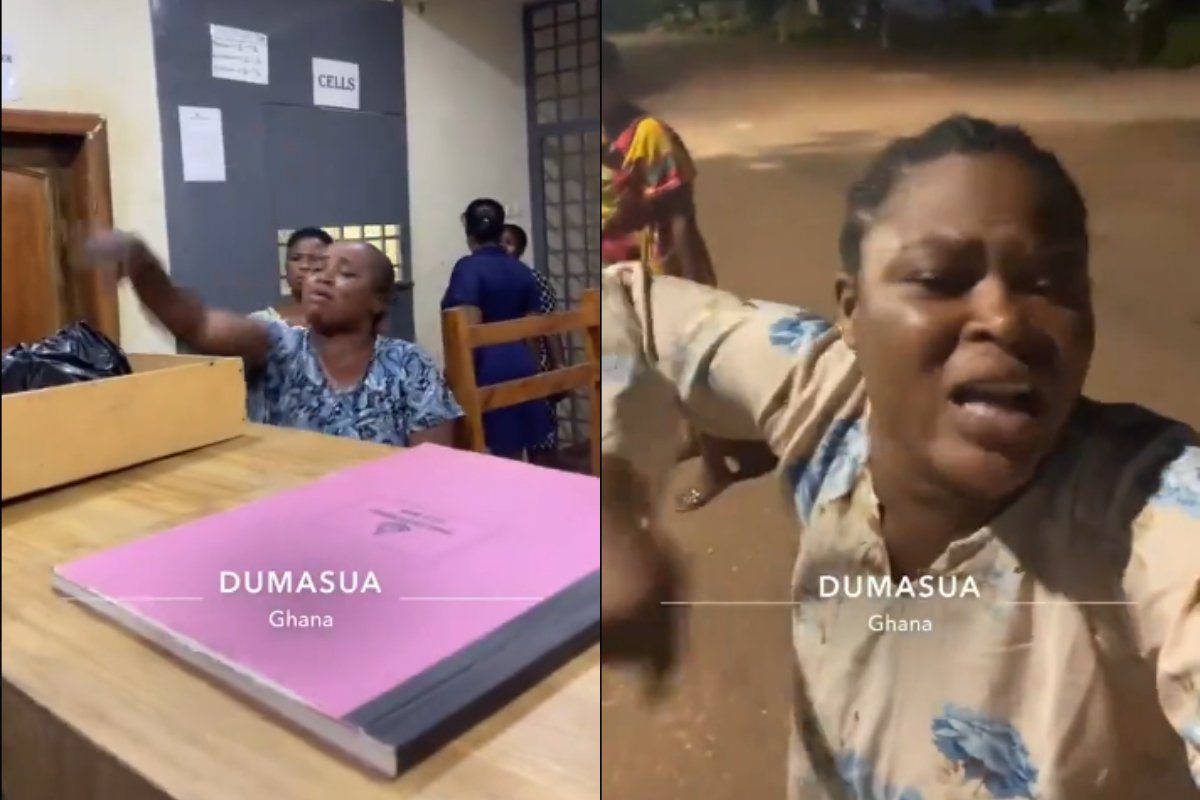 A woman protested at Dumasua Police Station after her mother, a guarantor for a GHS35,000 loan used for a wedding, was detained.