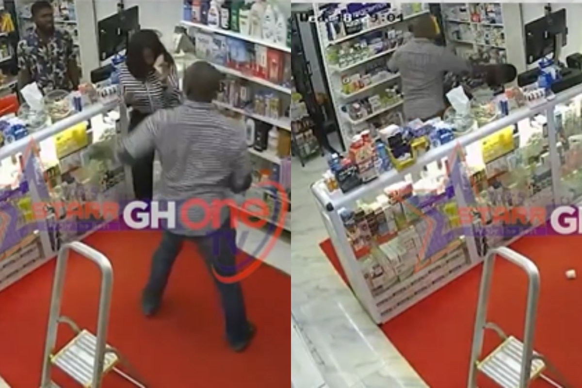CCTV footage shows man assaulting pharmacist and female customer at a pharmacy near Burma Camp in Accra