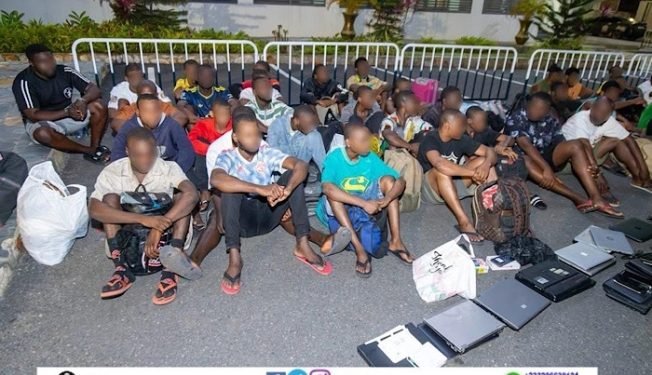 CID arrests five suspects and rescues 57 Nigerians from a human trafficking and cybercrime ring in Community 25, Accra.
