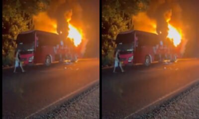 Burnt VIP bus on the Accra–Kumasi highway after explosion
