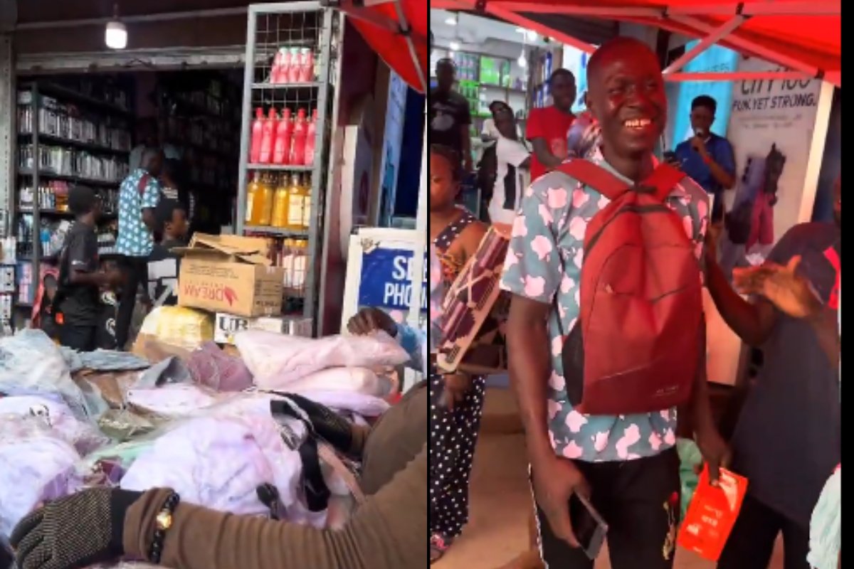 A man in Kumasi vows to track down a street vendor after realizing he was sold a fake phone, sparking laughter from onlookers.
