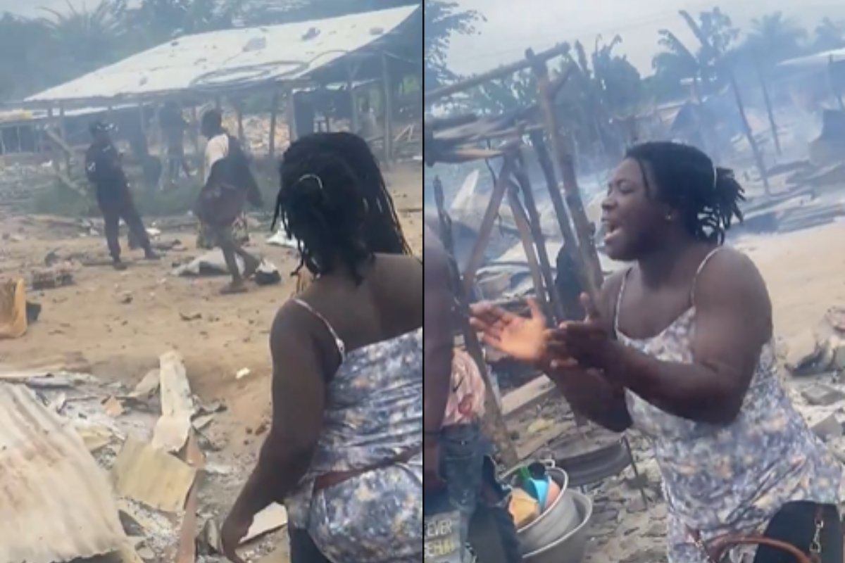 A woman at Ahafo Nkaseim laments after an anti-galamsey task force raided and destroyed their settlement, accusing the government of taking away their livelihood.