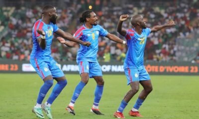 Chancel Mbemba celebrating after scoring decisive penalty for DR Congo