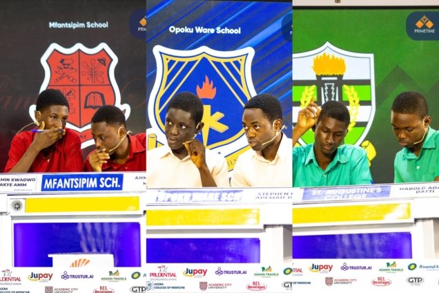 Students from Mfantsipim, Opoku Ware, and St. Augustine’s College compete in the 2025 NSMQ grand finale