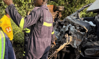 Wrecked Hyundai minivan and truck after fatal crash at Adansi Akrokeri Junction