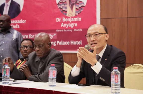 Chinese Ambassador Tong Defa addressing GHACHIFA press engagement in Accra