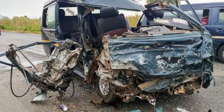 Scene of road accident at Hosita in Ho Municipality with emergency responders