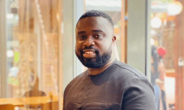 Benjamin Gyewu-Appiah speaking during a radio interview discussing a viral video controversy.